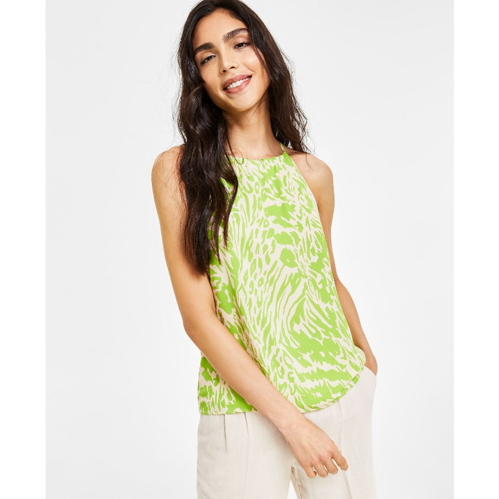 Bar III Women's XXS Green and Cream Printed Sleeveless Halter Top NWT